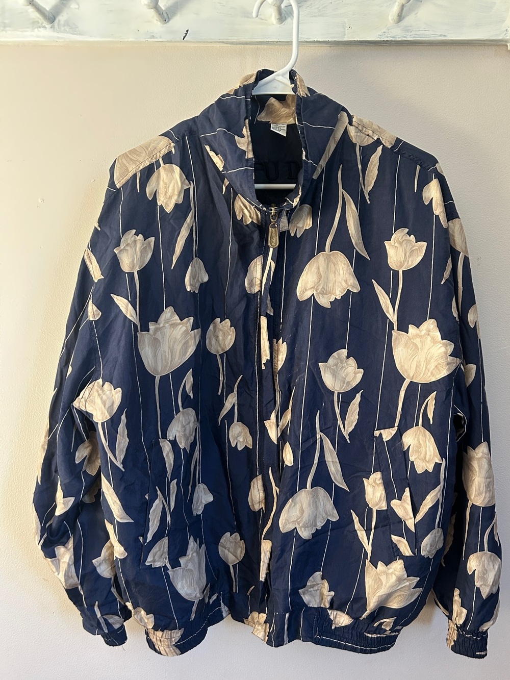 Navy Floral Zip Front Windbreaker Bomber Jacket